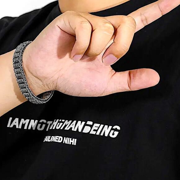 Stainless Steel Chain Link Bracelet, Mantra, Curb Hand Woven Engraved - Picture 4 of 5